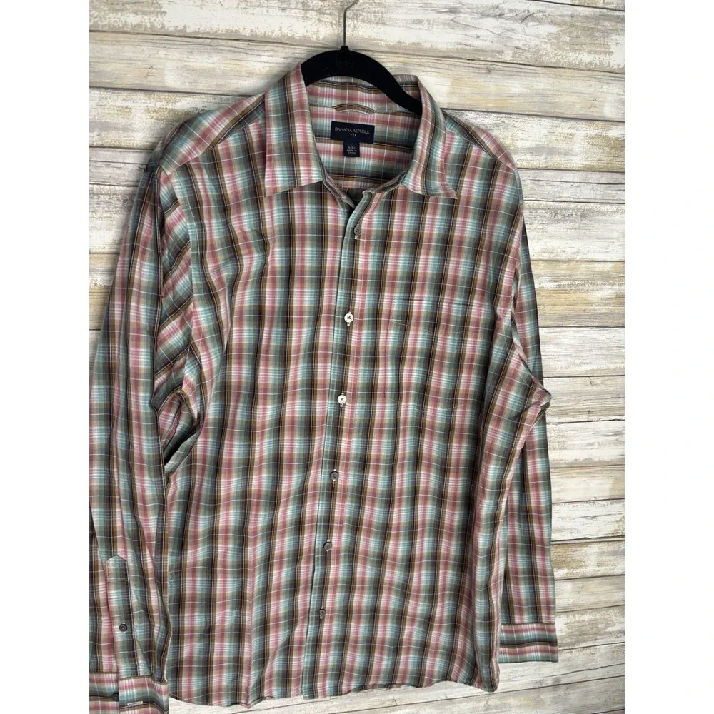 Banana Republic Men's L Standard Fit Plaid Button-Up Shirt Brown Pink L/S